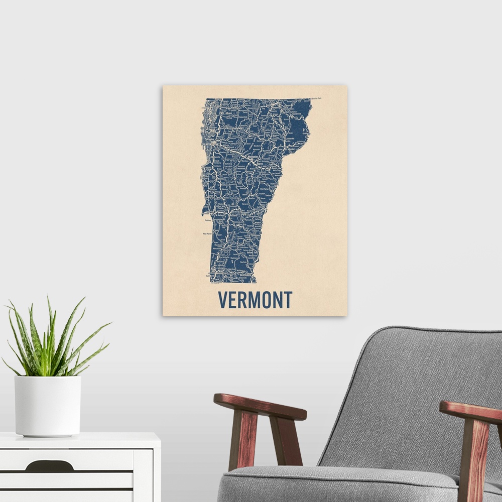 A modern room featuring Vintage Vermont Road Map 1