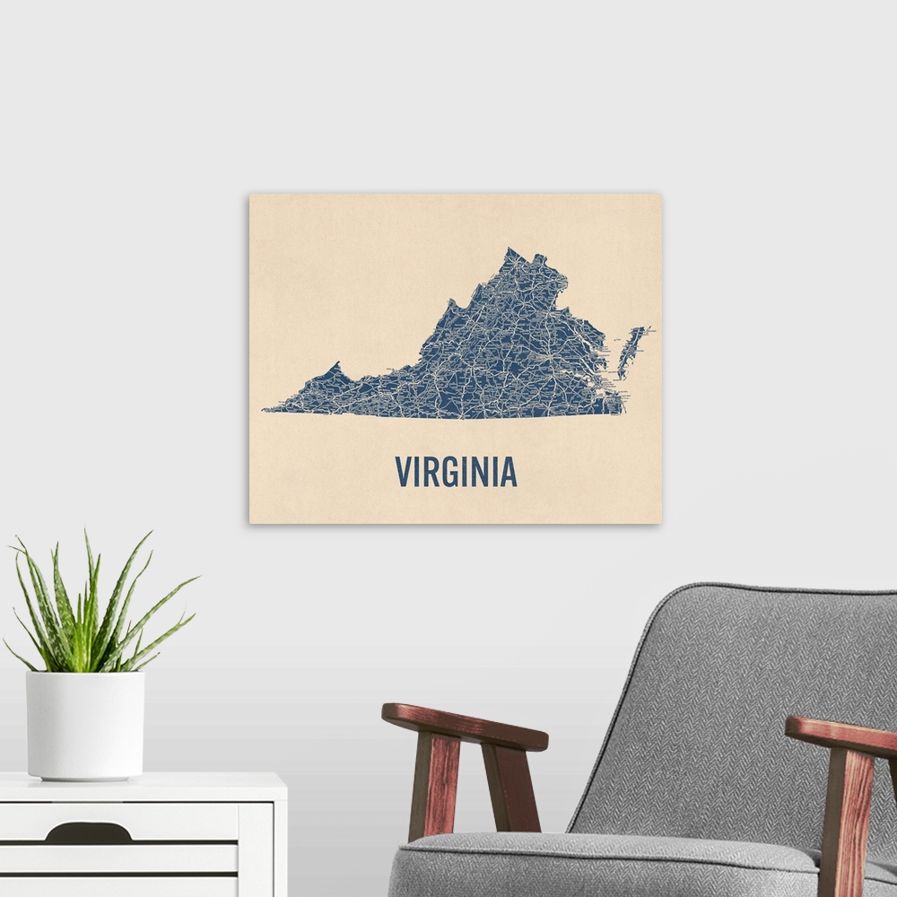 A modern room featuring Vintage Virginia Road Map 1