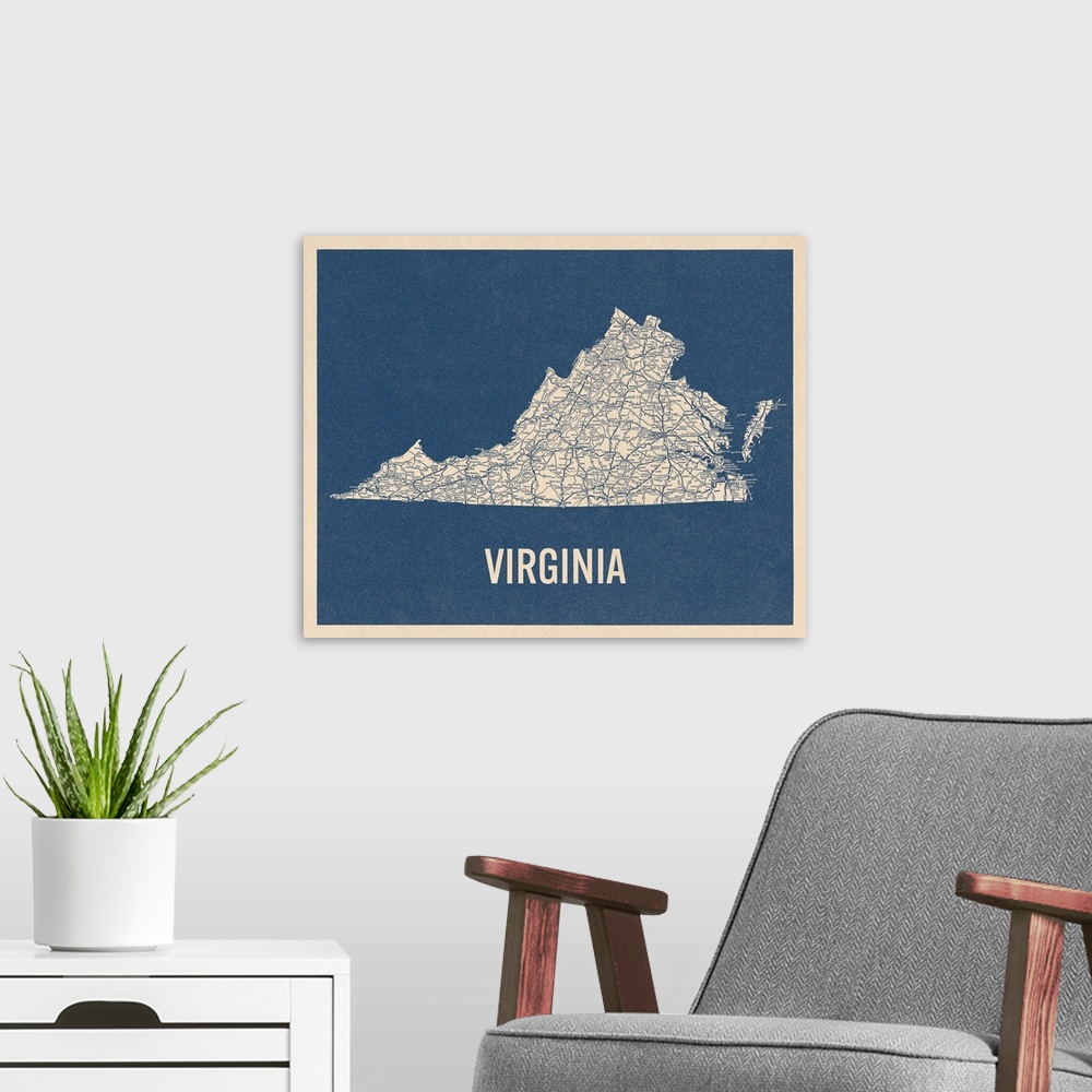 A modern room featuring Vintage Virginia Road Map 2