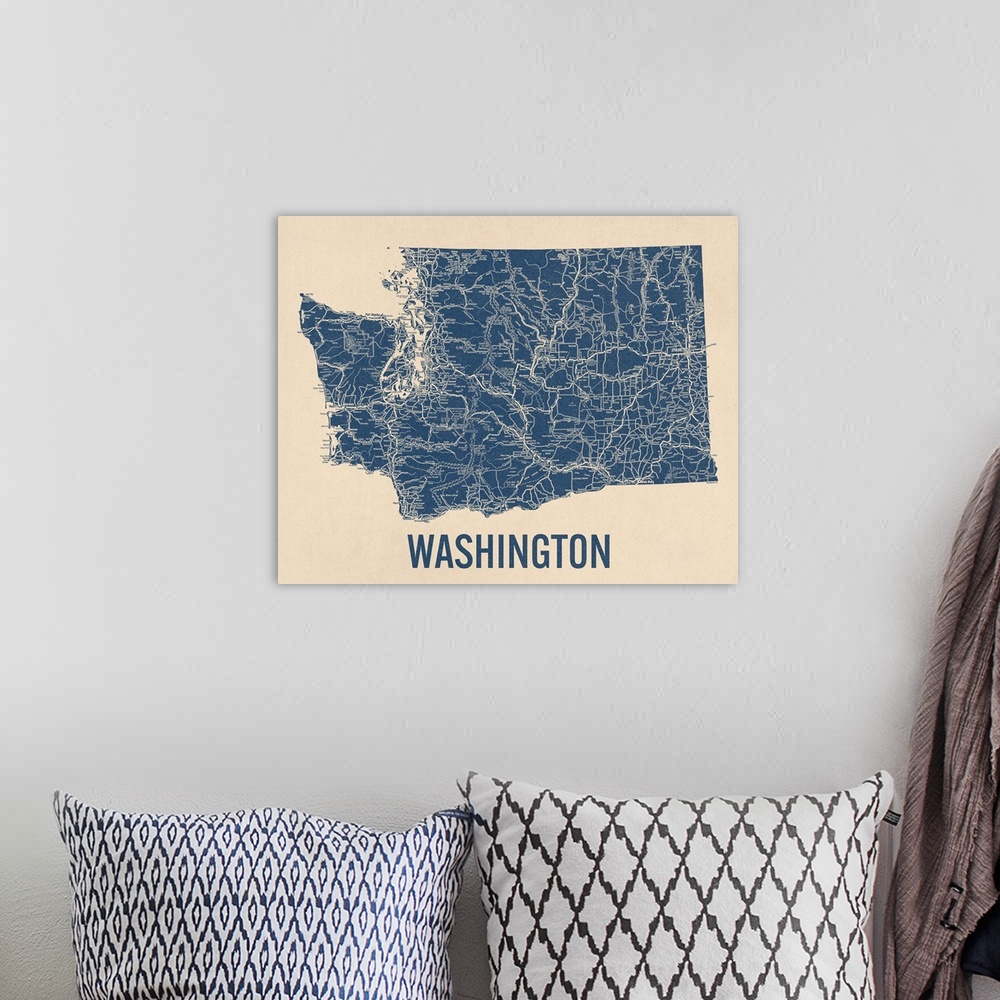 A bohemian room featuring Vintage Washington State Road Map 1
