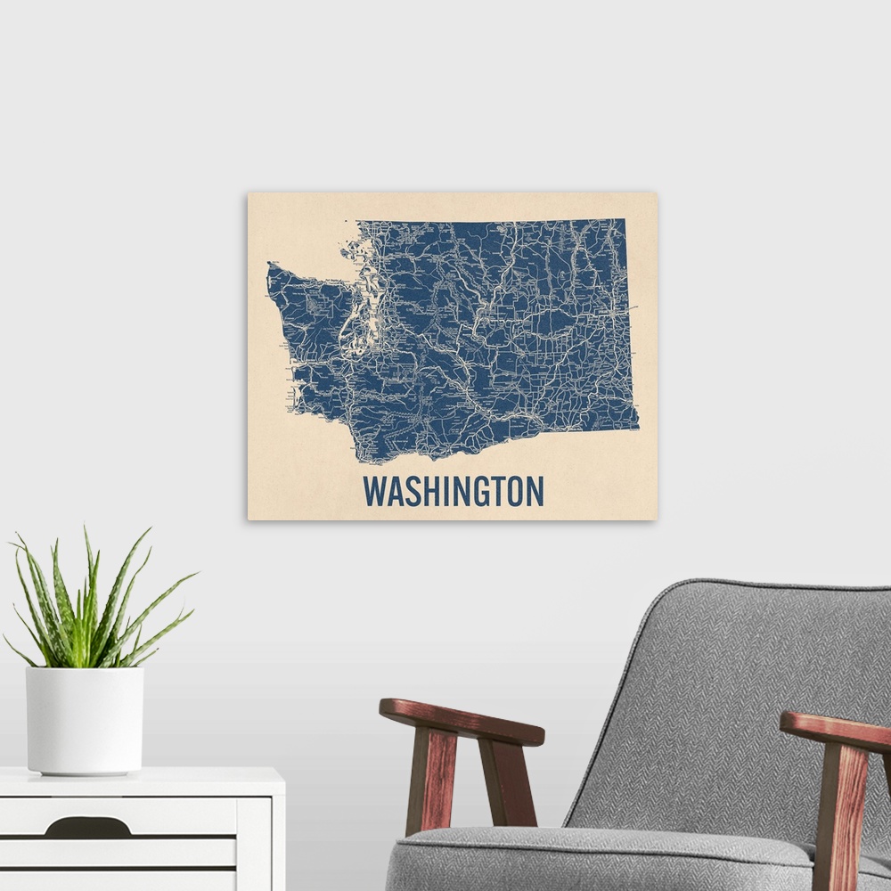 A modern room featuring Vintage Washington State Road Map 1