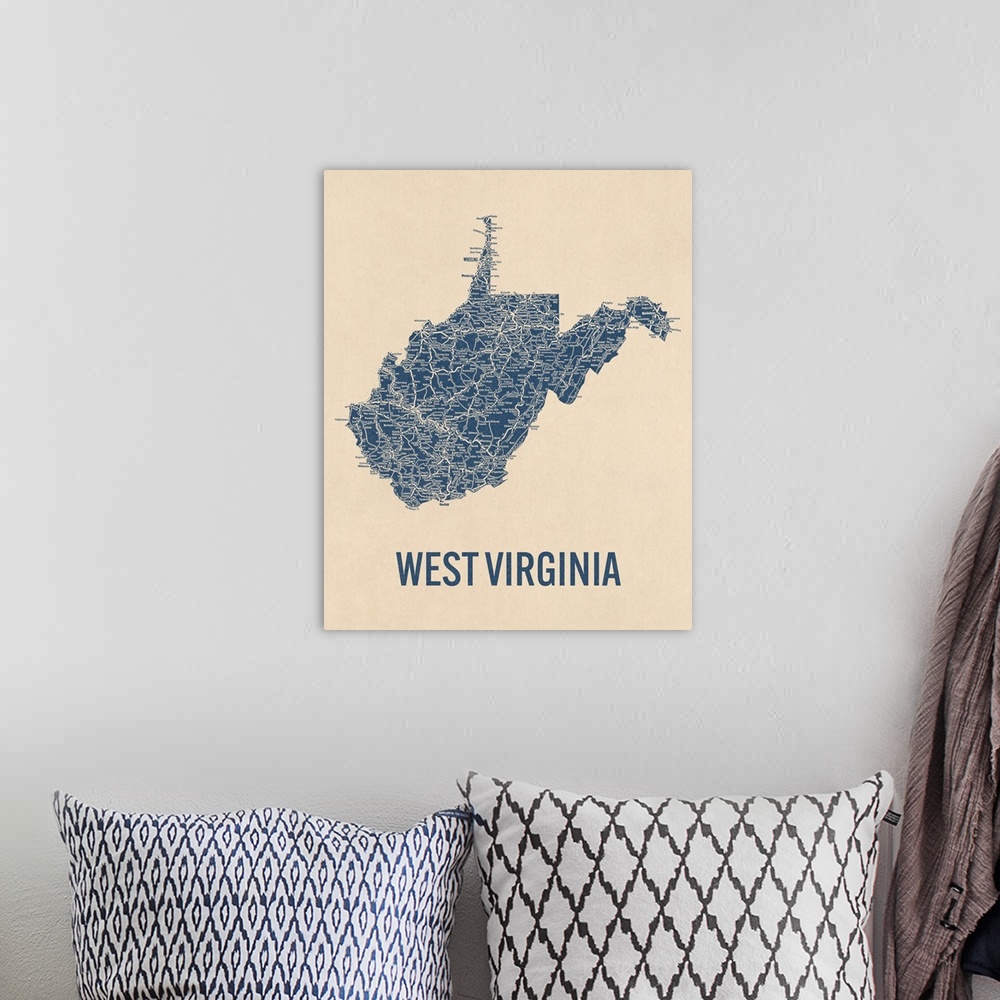 A bohemian room featuring Vintage West Virginia Road Map 1