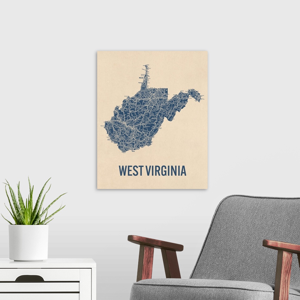 A modern room featuring Vintage West Virginia Road Map 1