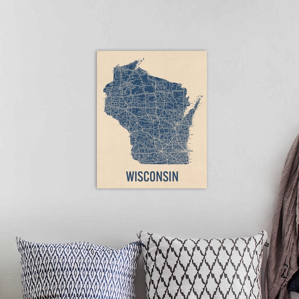 A bohemian room featuring Vintage Wisconsin Road Map 1