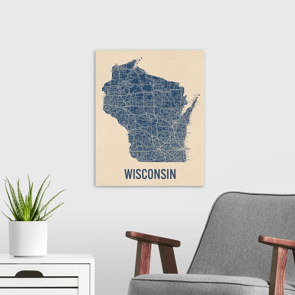 A modern room featuring Vintage Wisconsin Road Map 1