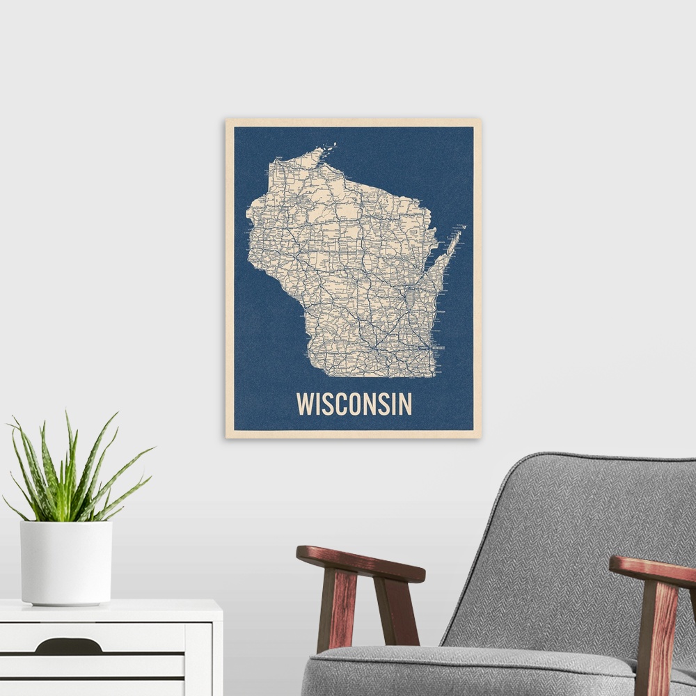 A modern room featuring Vintage Wisconsin Road Map 2