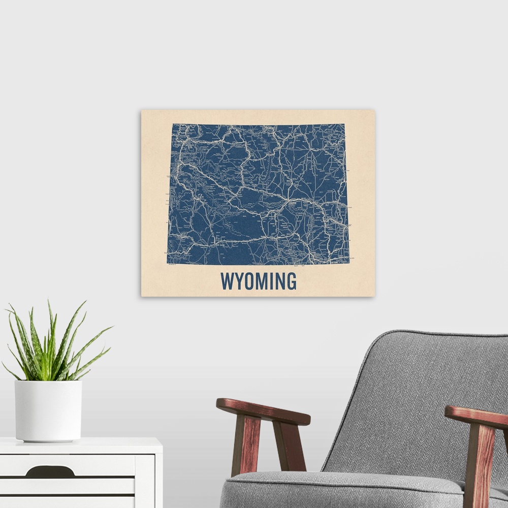 A modern room featuring Vintage Wyoming Road Map 1