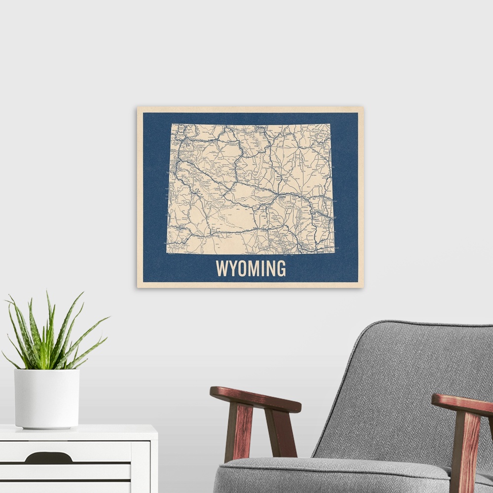 A modern room featuring Vintage Wyoming Road Map 2