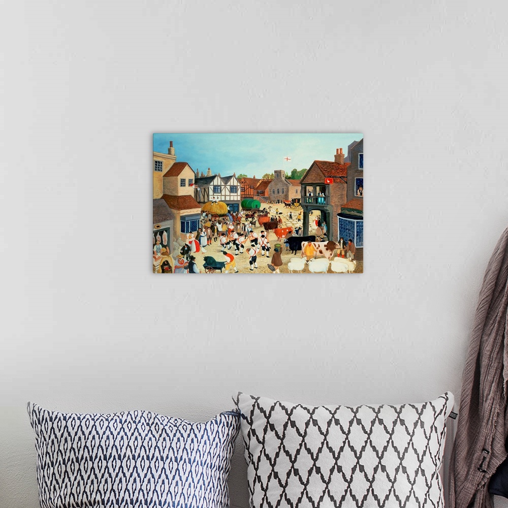 A bohemian room featuring Contemporary painting of people in a market square with livestock.