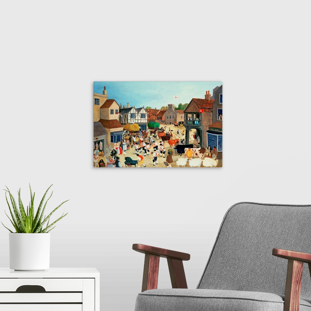 A modern room featuring Contemporary painting of people in a market square with livestock.