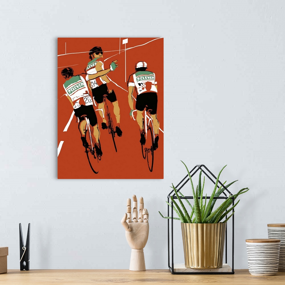 A bohemian room featuring Contemporary illustration of a rear view of a cyclists riding against a muted red background.