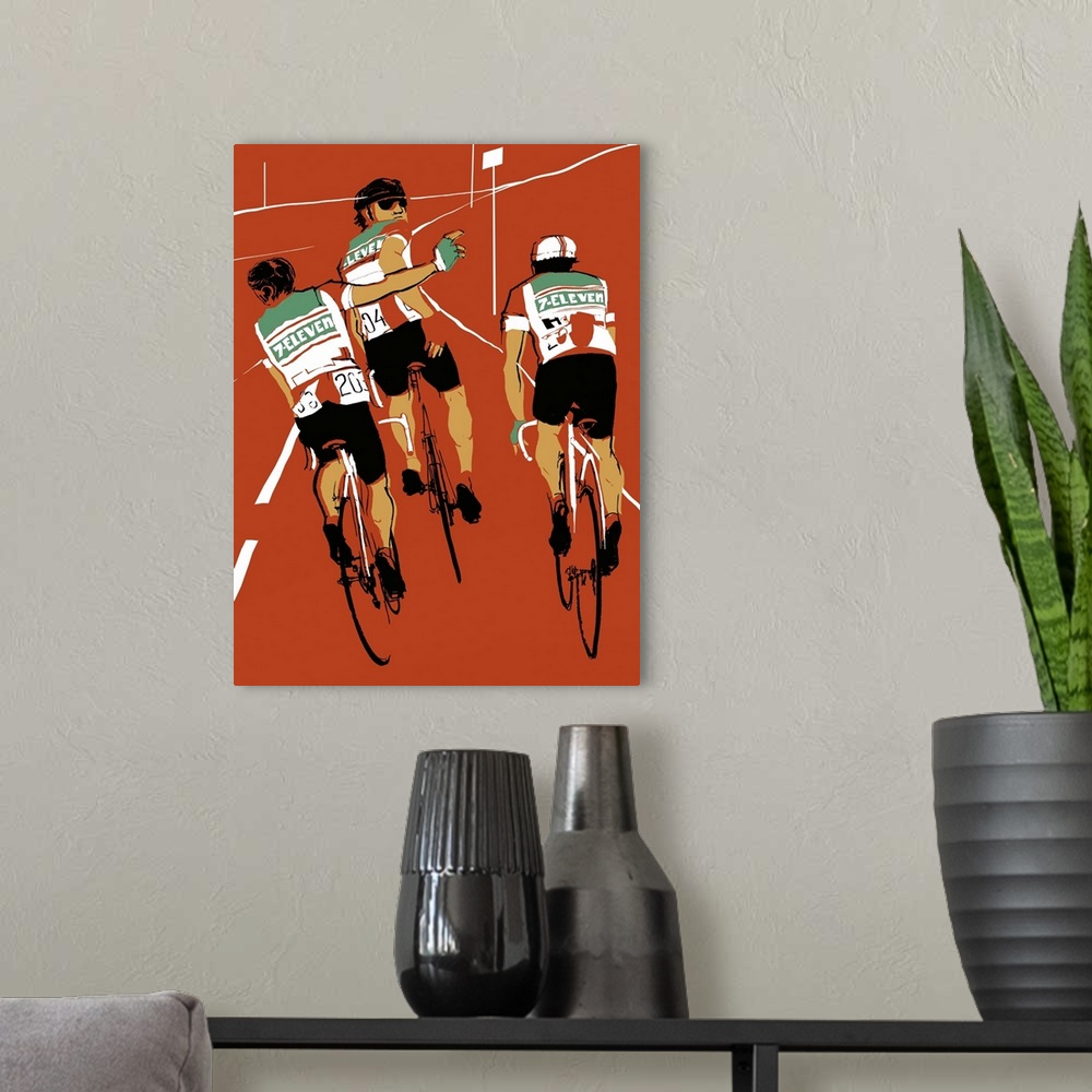 A modern room featuring Contemporary illustration of a rear view of a cyclists riding against a muted red background.