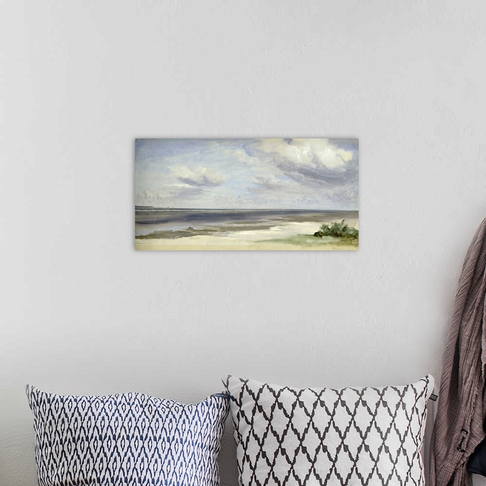 A bohemian room featuring Traditional panoramic painting of seashore with small grass patch under a cloudy sky.