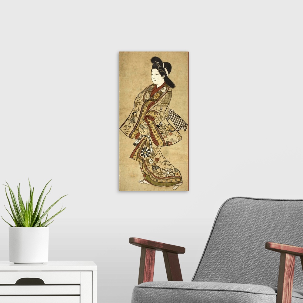 A modern room featuring A Beauty Walking, 17th century, hand-coloured woodblock print.