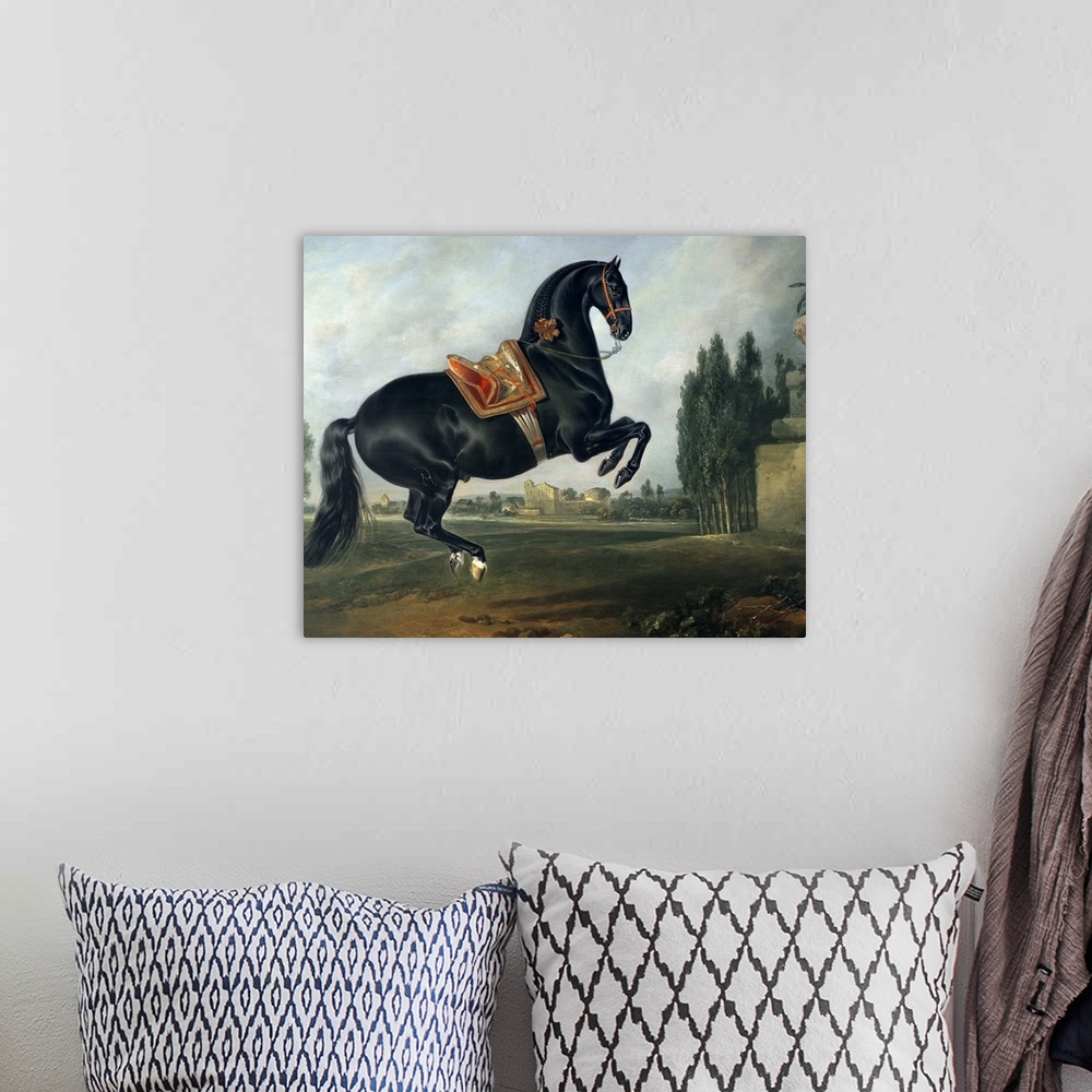 A bohemian room featuring XAM65652 A black horse performing the Courbette (oil on canvas) (for detail see 264709)  by Hamil...