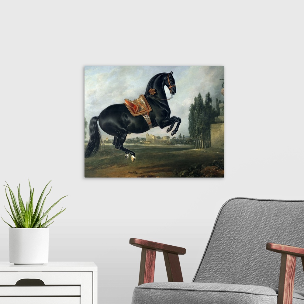 A modern room featuring XAM65652 A black horse performing the Courbette (oil on canvas) (for detail see 264709)  by Hamil...