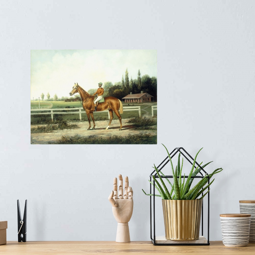 A bohemian room featuring A Chestnut Racehorse with Jockey Up on a Training Track with Stables Beyond