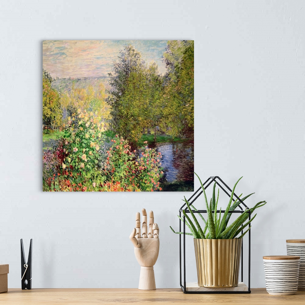A bohemian room featuring Oil on canvas of a luscious garden with flowers by a river.