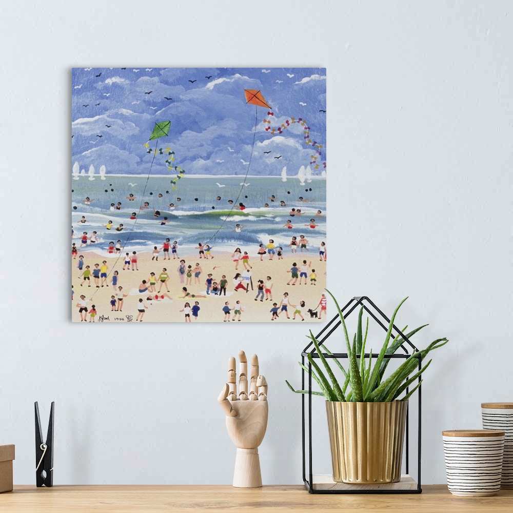 A bohemian room featuring Contemporary painting of people gathered at the beach in summer.