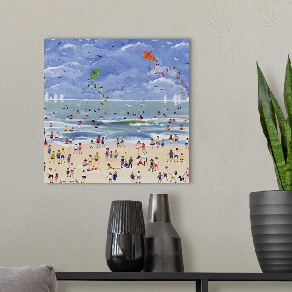 A modern room featuring Contemporary painting of people gathered at the beach in summer.