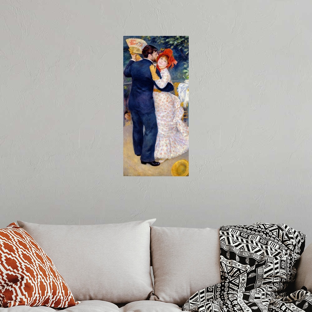 A bohemian room featuring This large oil painting is of a couple dancing with a table and foliage just behind them. The man...
