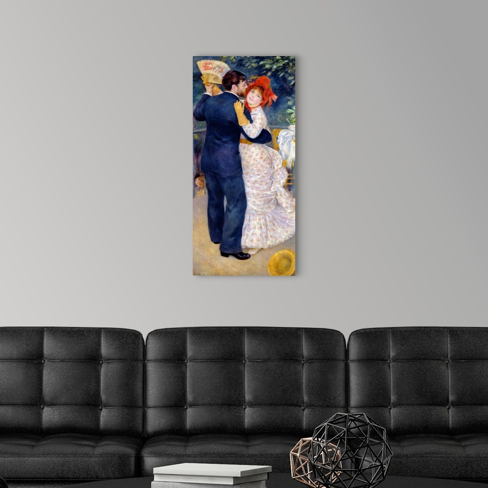 A modern room featuring This large oil painting is of a couple dancing with a table and foliage just behind them. The man...