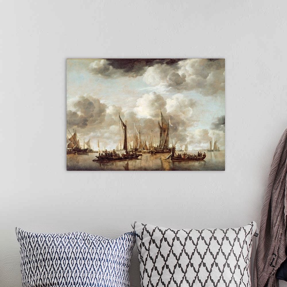 A bohemian room featuring BAL3580 A Dutch Yacht Firing a Salute as a Barge Pulls Away, 1650 (oil on panel)  by Capelle or C...