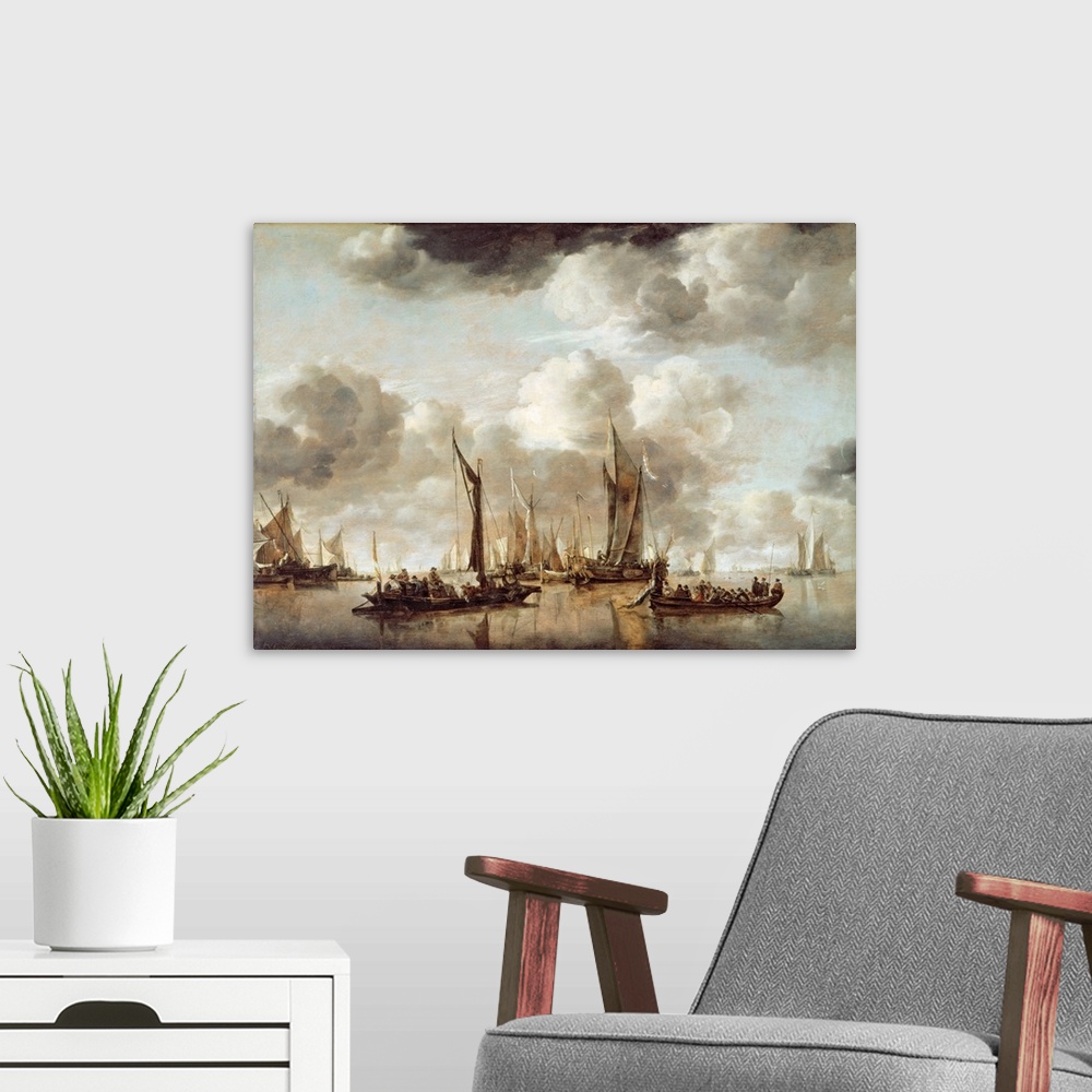 A modern room featuring BAL3580 A Dutch Yacht Firing a Salute as a Barge Pulls Away, 1650 (oil on panel)  by Capelle or C...