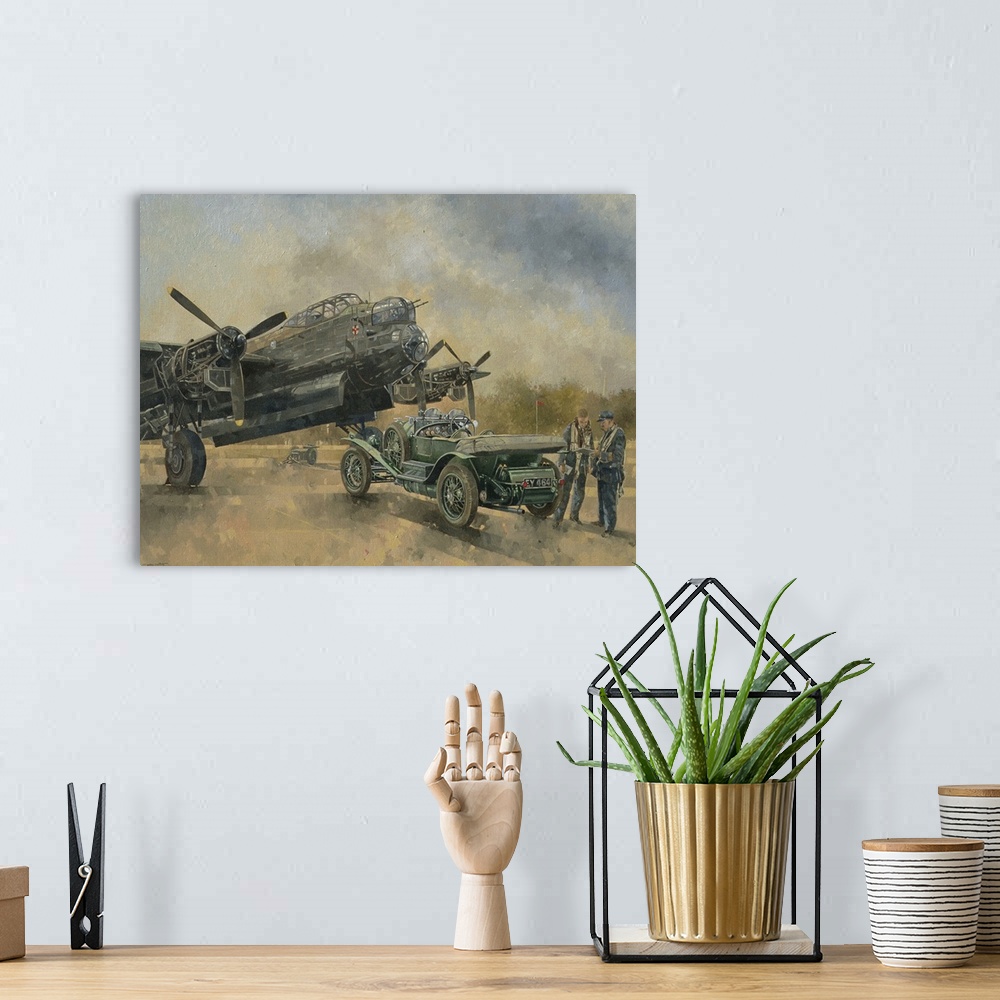 A bohemian room featuring Contemporary artwork of a vintage scene with a car and an airplane, with two men standing nearby.