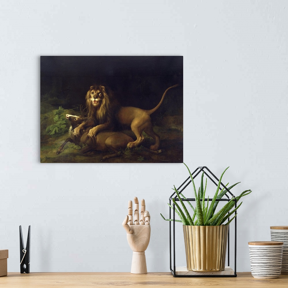 A bohemian room featuring Painting by George Stubbs of a lion attacking a stag.