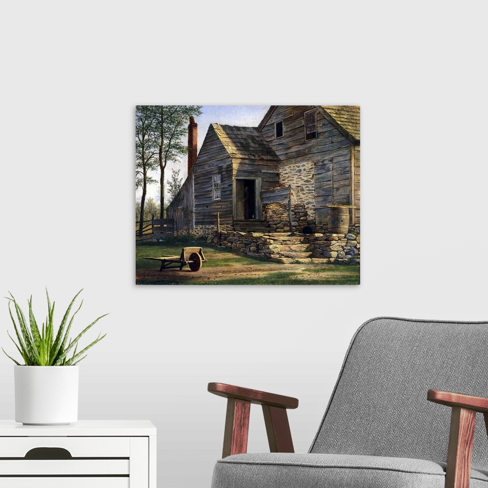 A modern room featuring A Long Island Homestead (oil on canvas on panel)