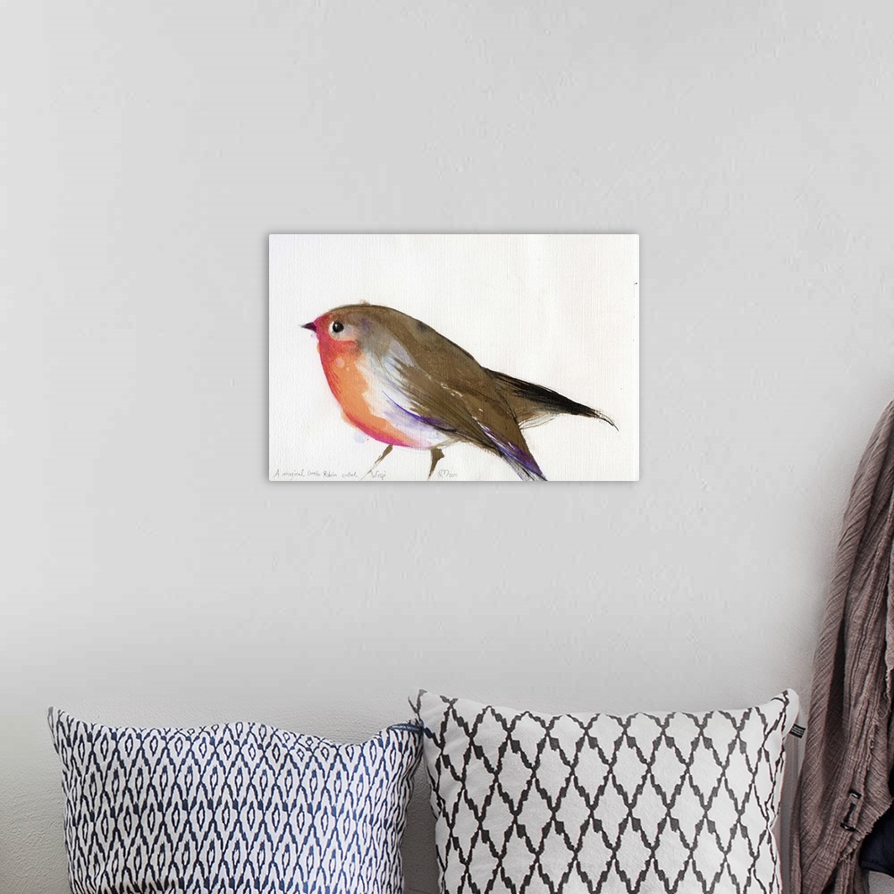 A bohemian room featuring Contemporary artwork of a garden bird against a white background.