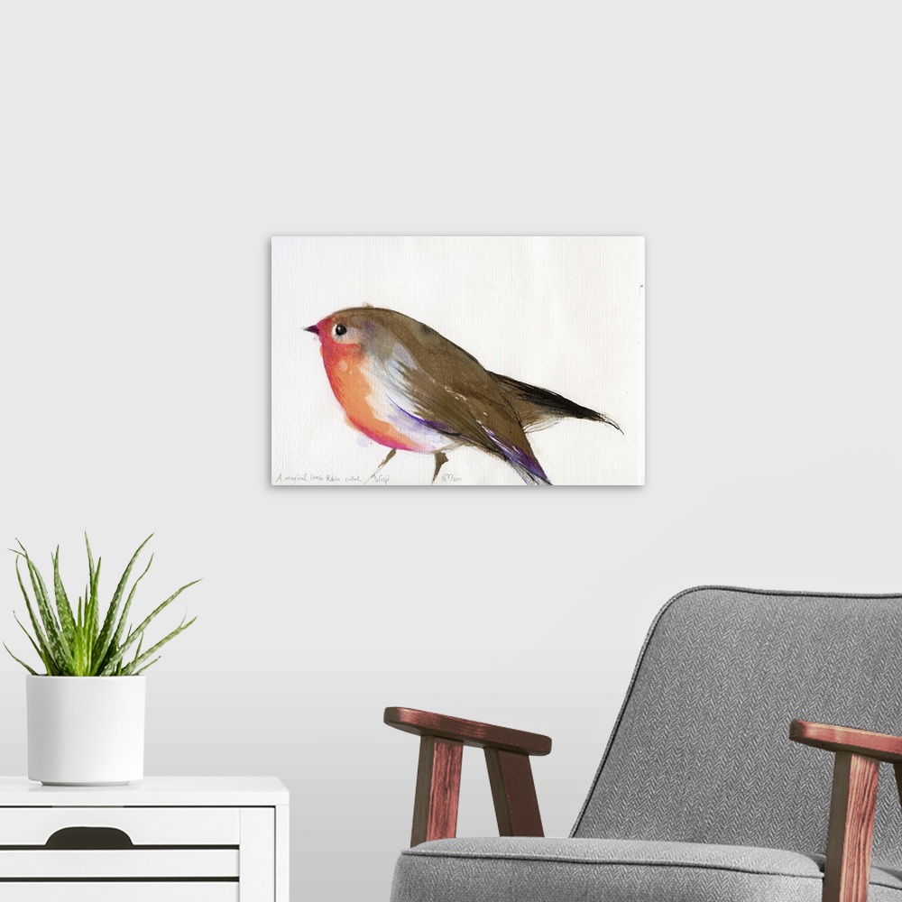 A modern room featuring Contemporary artwork of a garden bird against a white background.