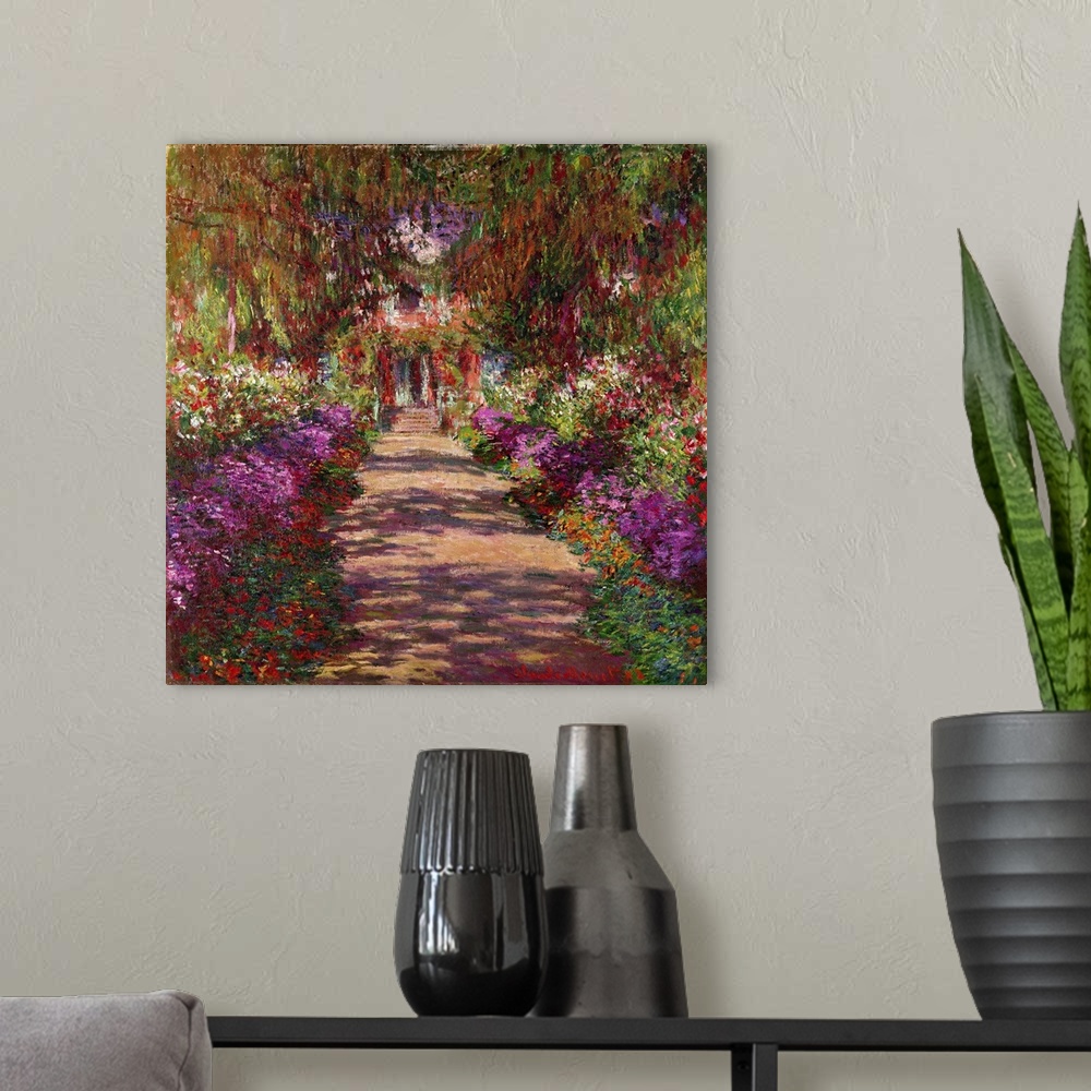A modern room featuring This is an Impressionist painting showing the bright light and mid-day shade of this flower fille...