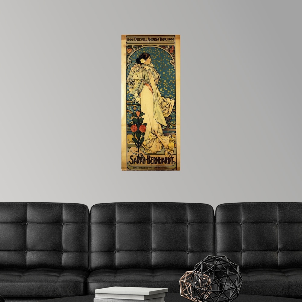 A modern room featuring A poster for Sarah Bernhardt's Farewell American Tour, 1905-1906, c.1905