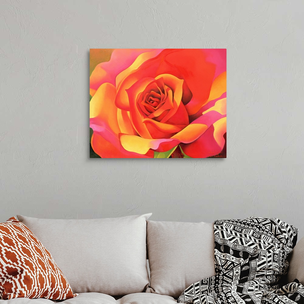 A bohemian room featuring Contemporary up-close painting of flower blossom showing all of its intertwining petals.