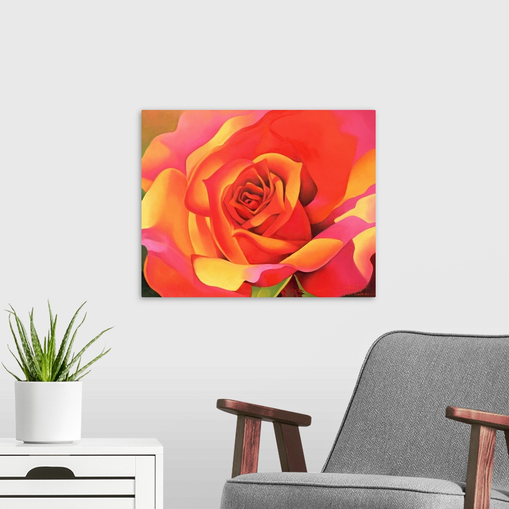A modern room featuring Contemporary up-close painting of flower blossom showing all of its intertwining petals.