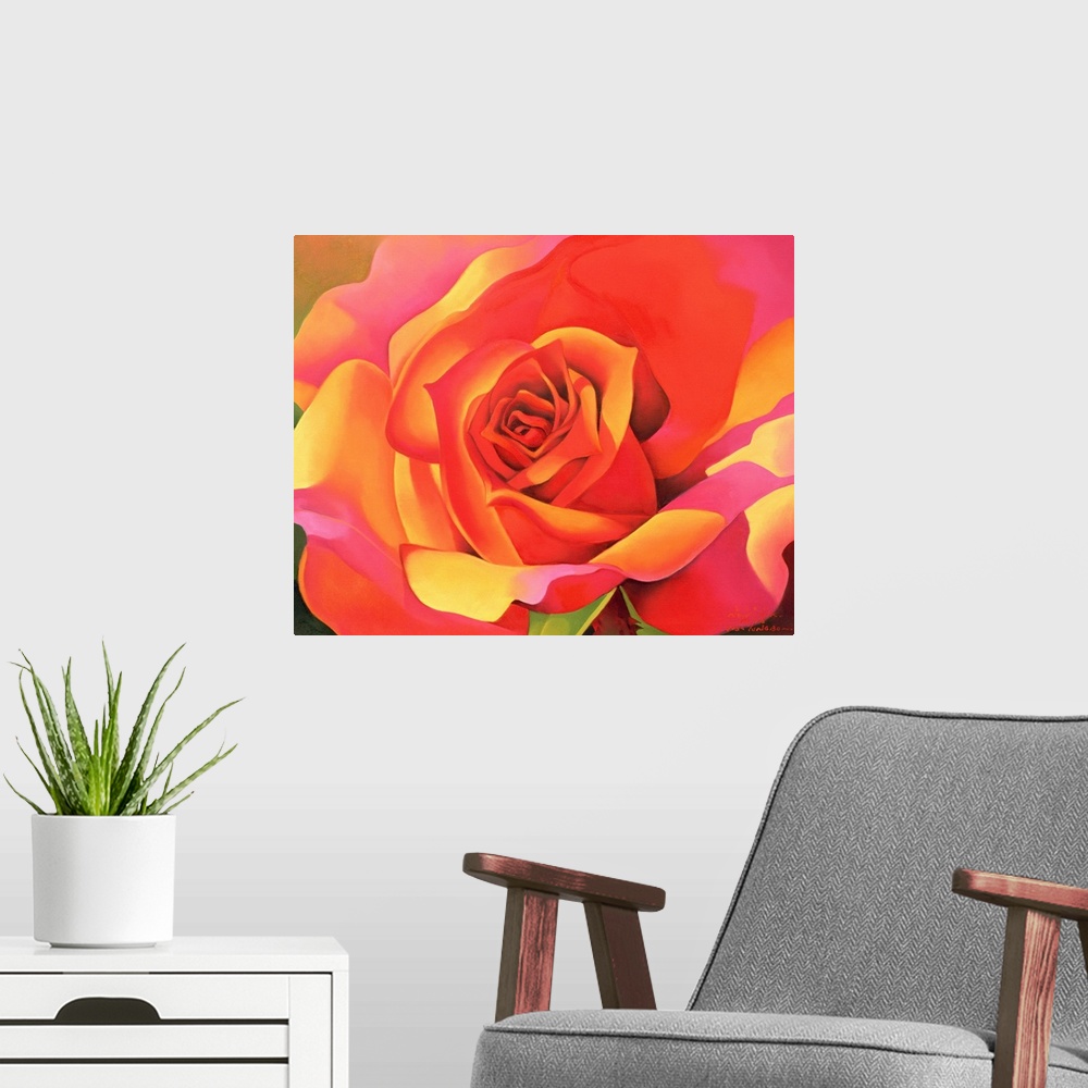 A modern room featuring Contemporary up-close painting of flower blossom showing all of its intertwining petals.