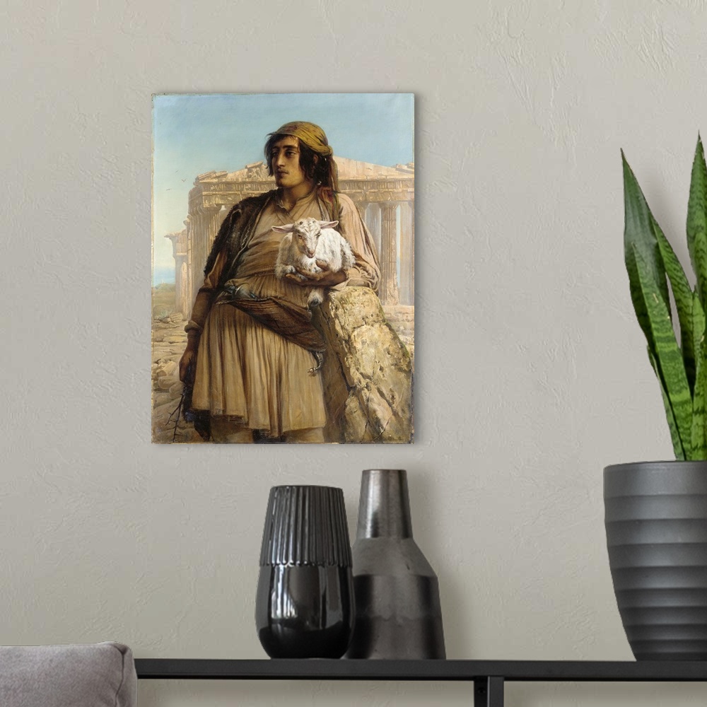 A modern room featuring A Shepherd Boy standing before the Parthenon (oil on canvas)