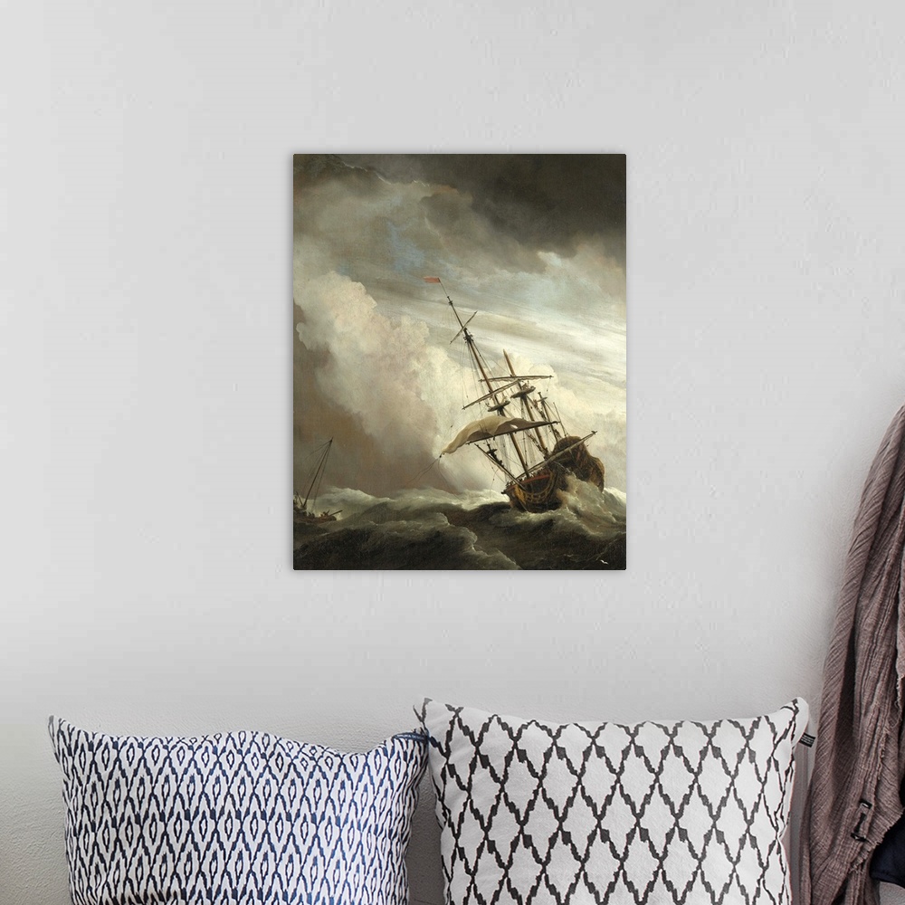 A bohemian room featuring A Ship on the High Seas caught by a Squall, known as the 'Gust', 1680, oil on canvas.  By Willem ...