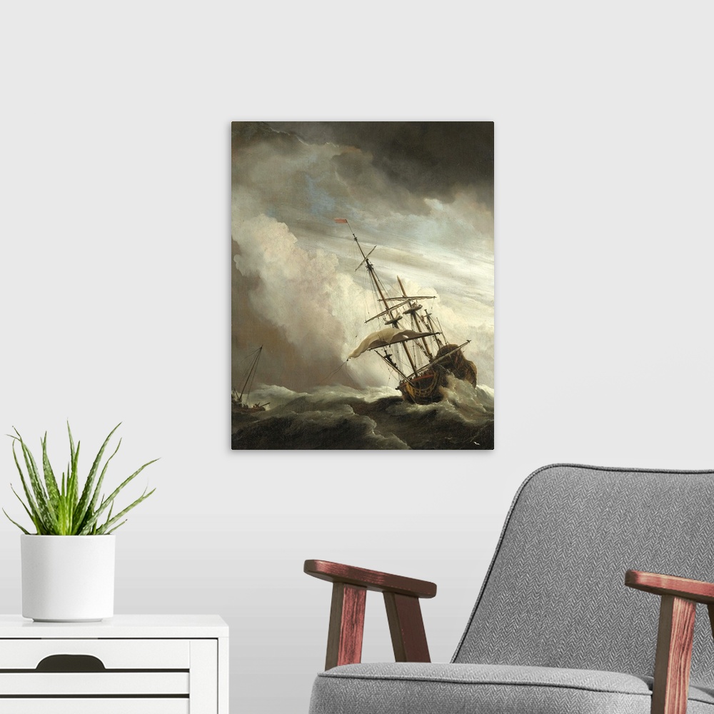 A modern room featuring A Ship on the High Seas caught by a Squall, known as the 'Gust', 1680, oil on canvas.  By Willem ...