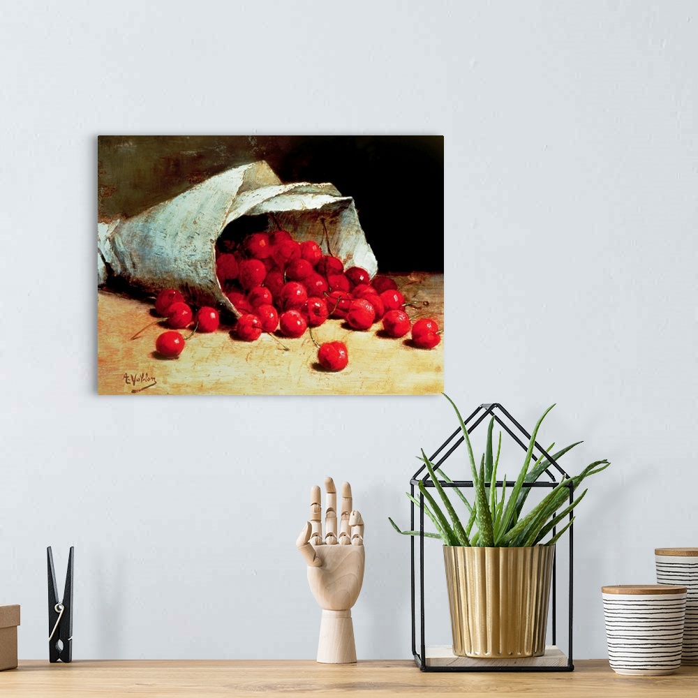 A bohemian room featuring Classic art painting of a paper cone filled with bright cherries spilling on to the floor.