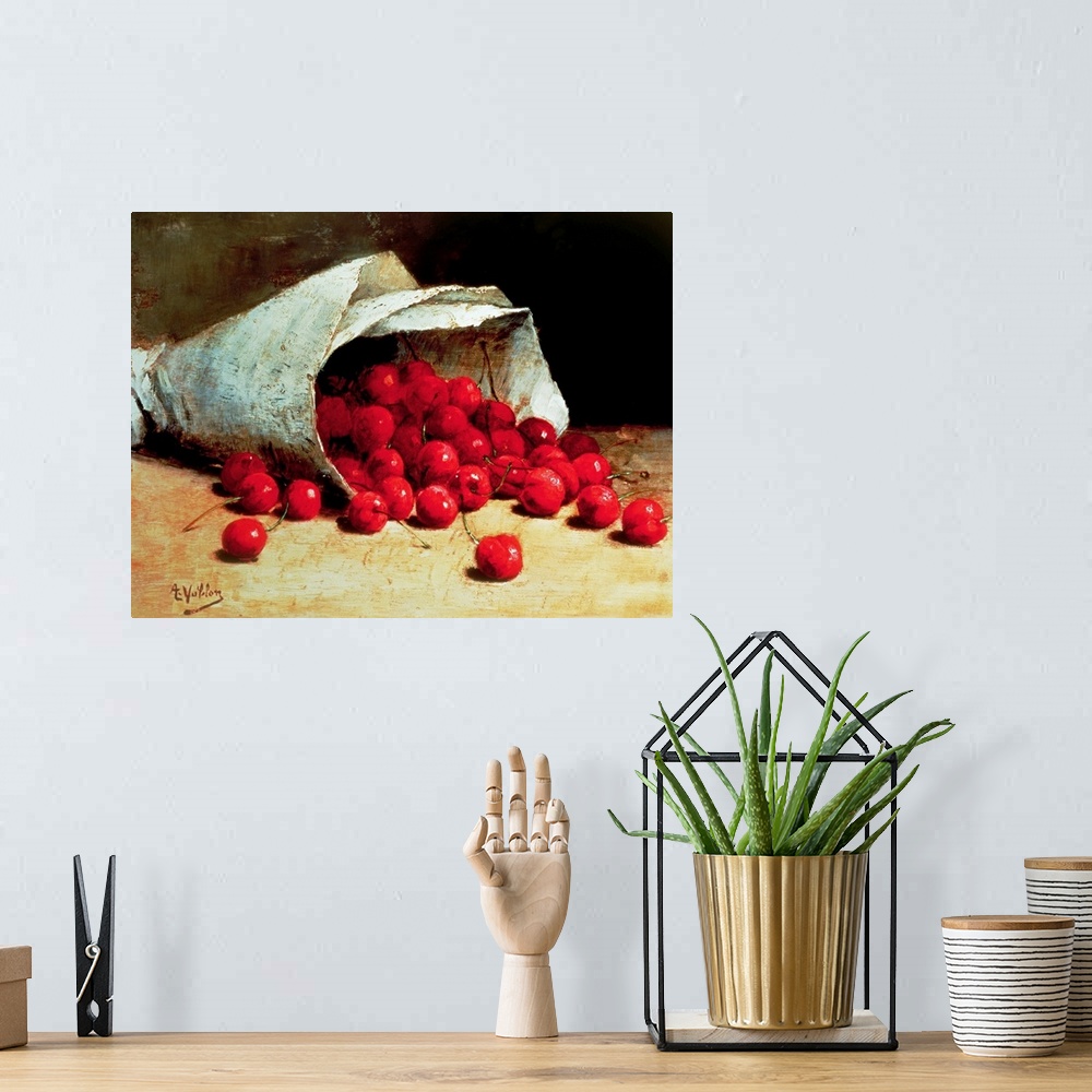 A bohemian room featuring Classic art painting of a paper cone filled with bright cherries spilling on to the floor.