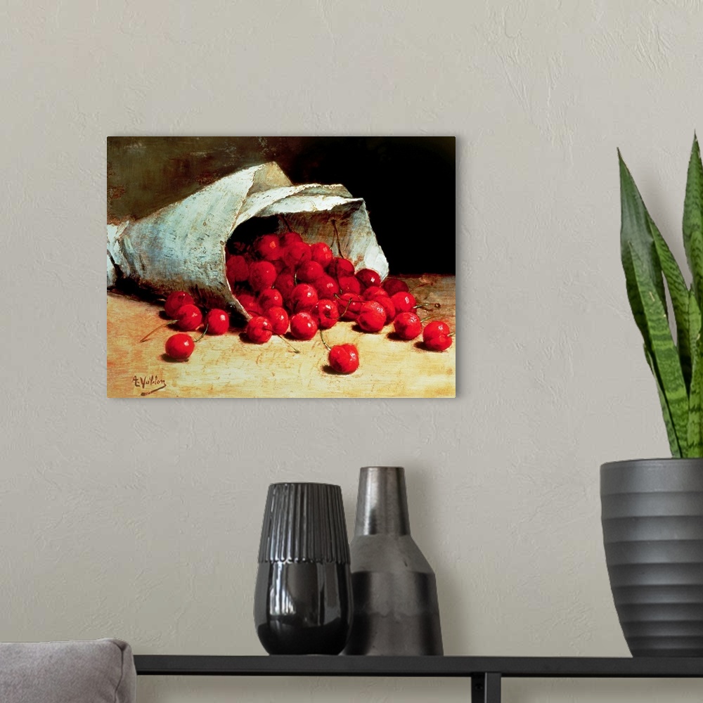 A modern room featuring Classic art painting of a paper cone filled with bright cherries spilling on to the floor.