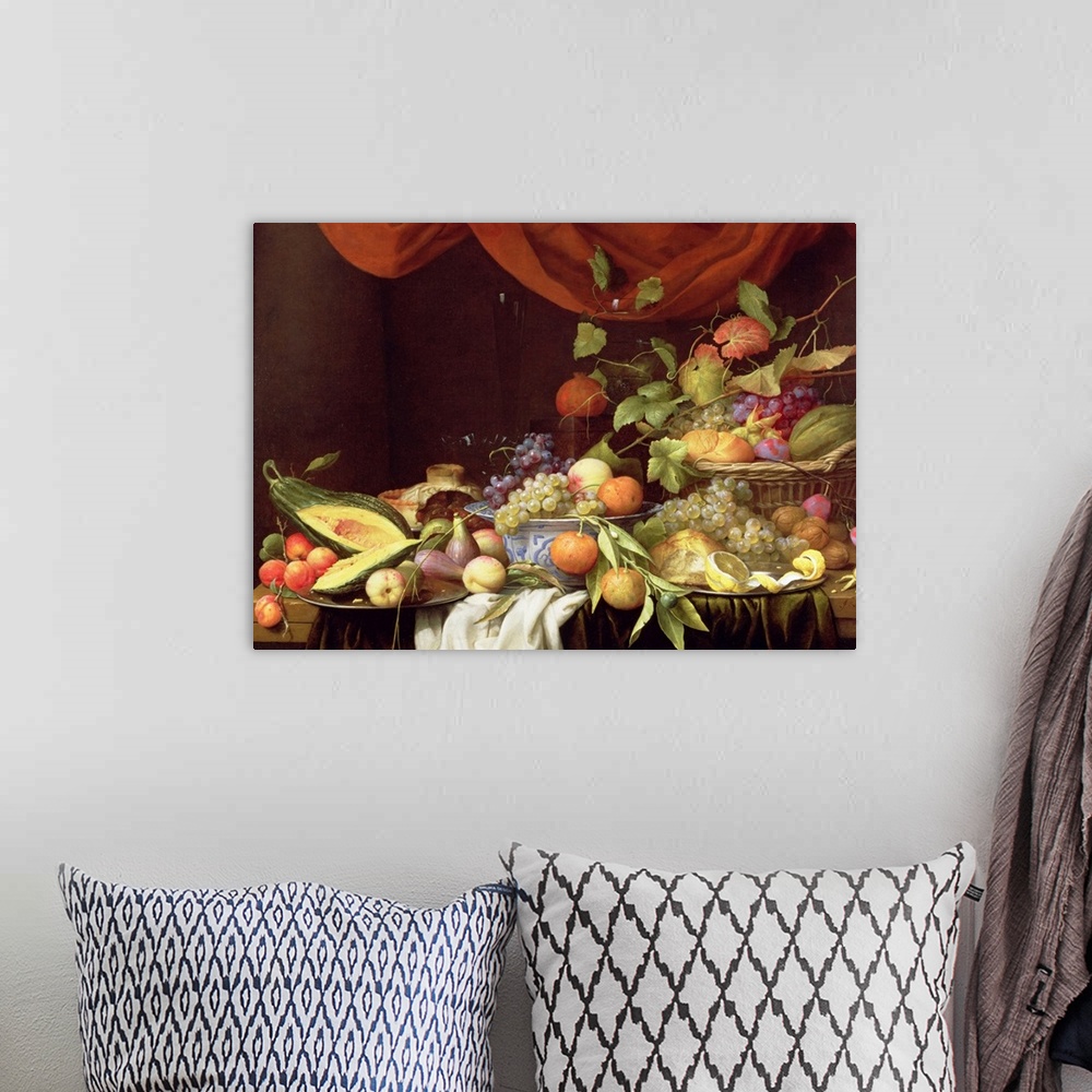 A bohemian room featuring Horizontal, still life painting of a variety of fruits and leaves spread amongst a table in bowls...