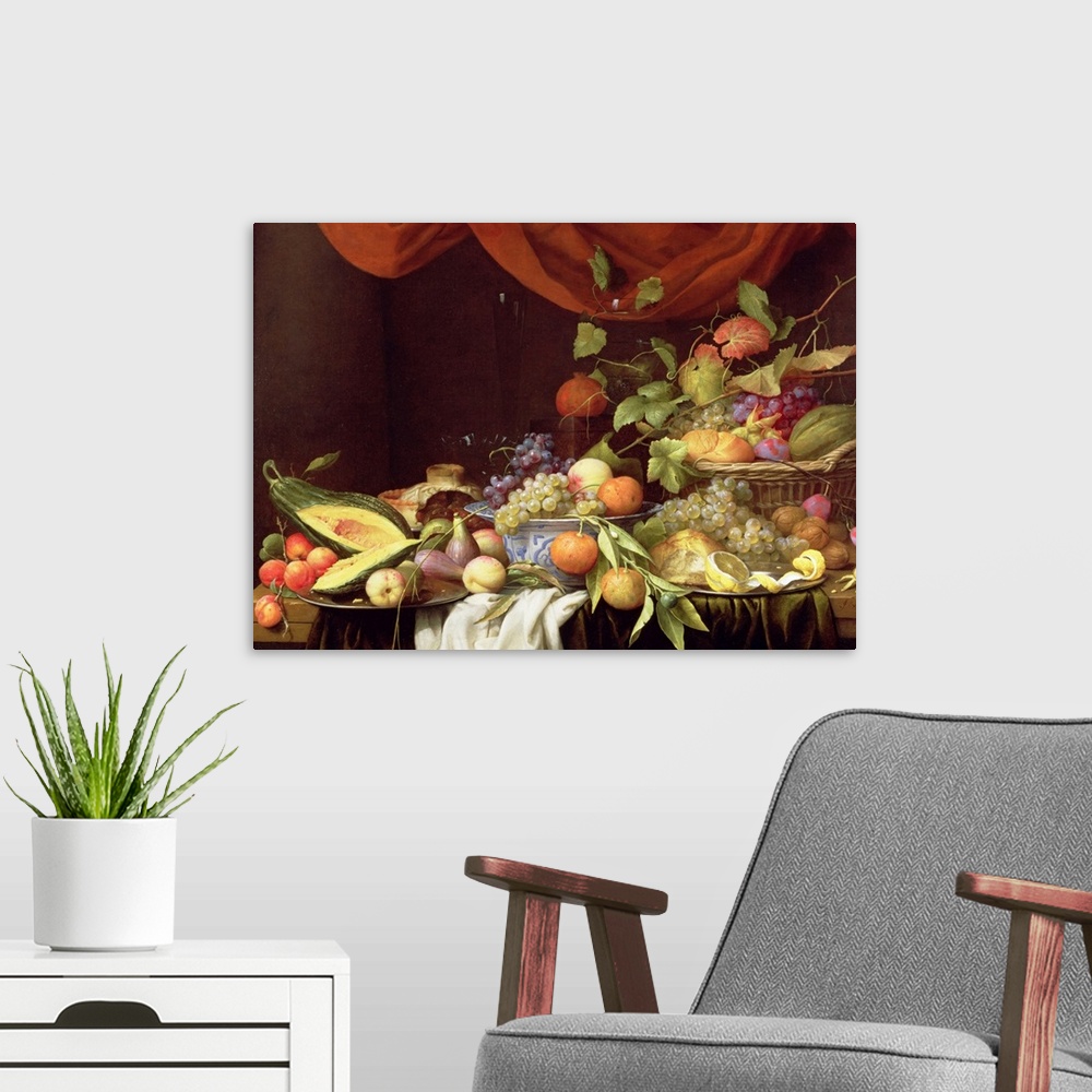 A modern room featuring Horizontal, still life painting of a variety of fruits and leaves spread amongst a table in bowls...
