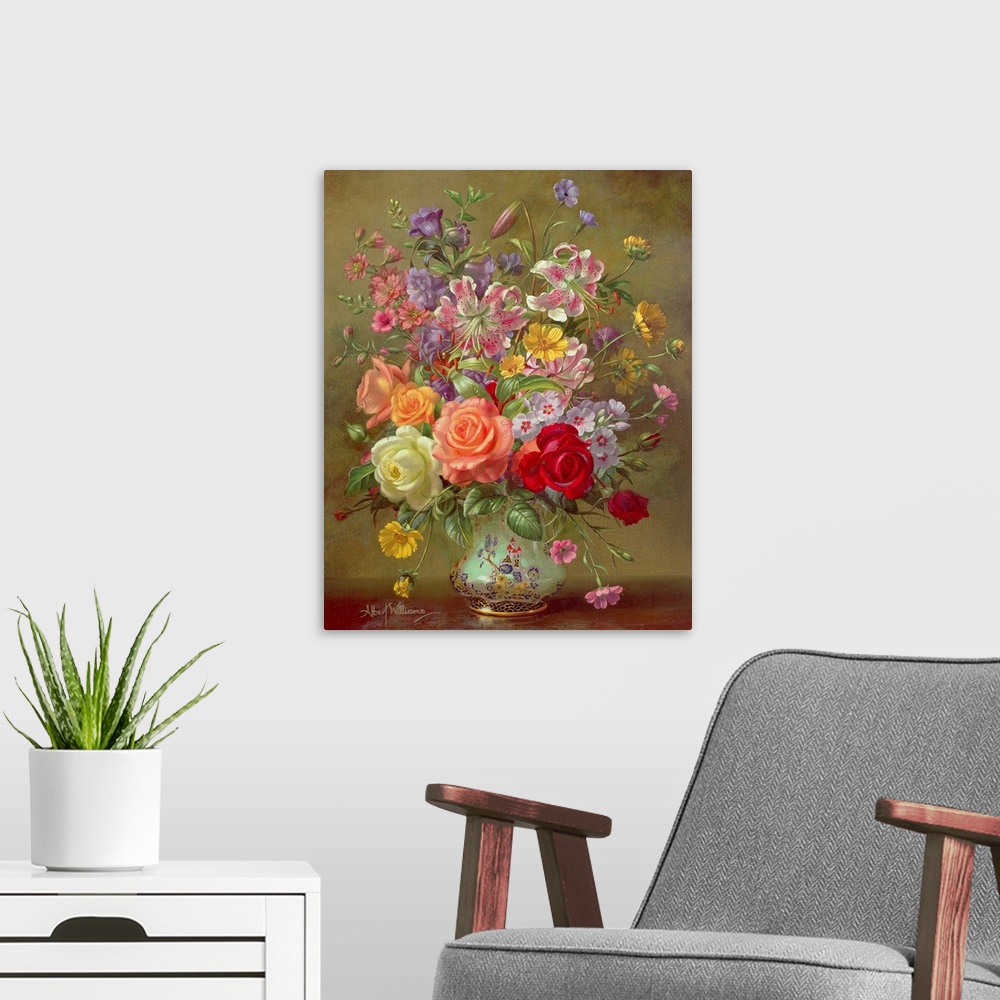A modern room featuring Big, vertical artwork of a large bouquet of a variety of colorful flowers in an ornate vase, on a...