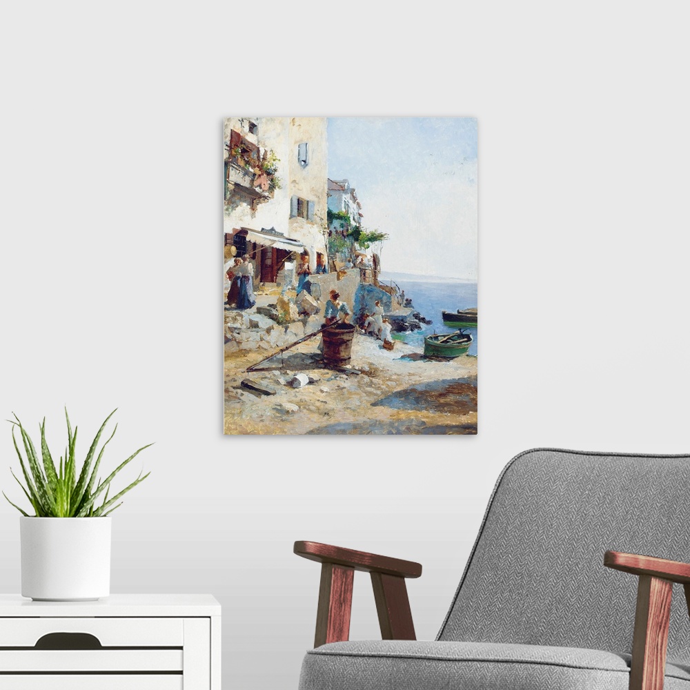 A modern room featuring A Sunny Day on the Amalfi Coast (oil on panel)