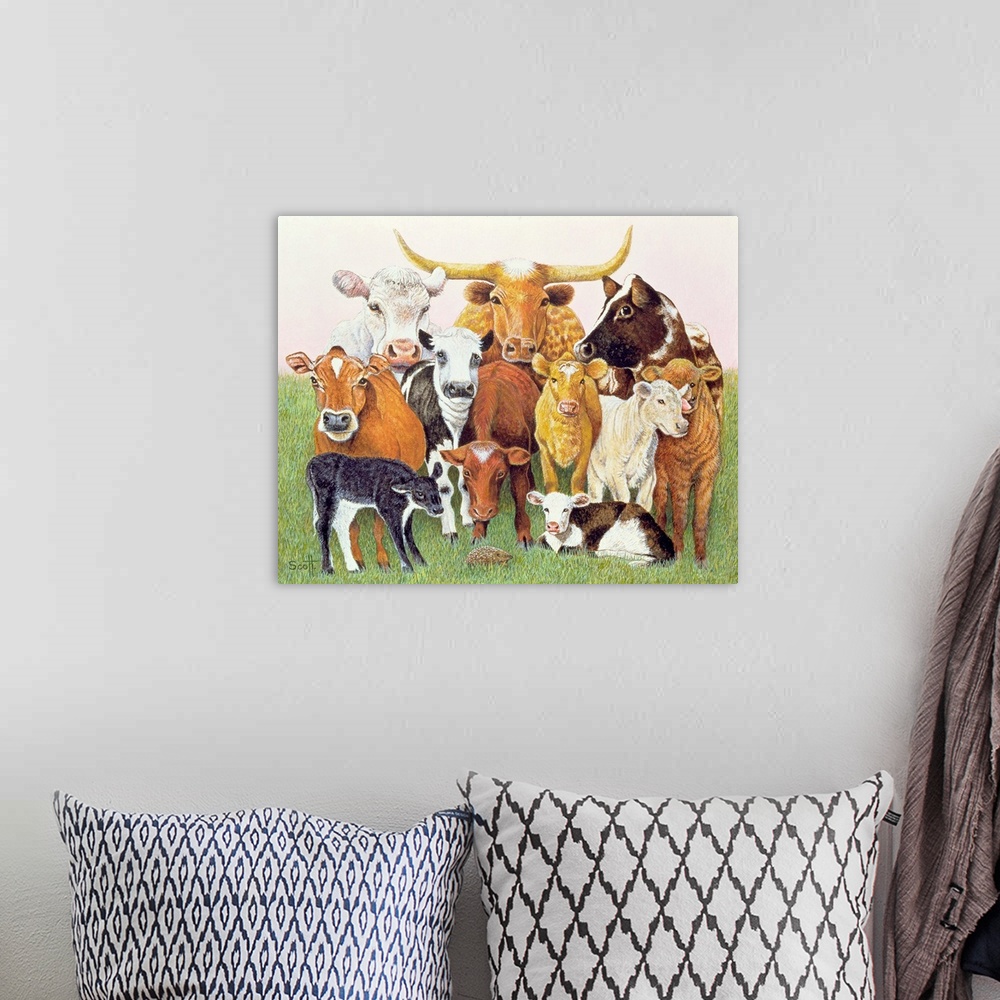 A bohemian room featuring Contemporary painting of several breeds of cattle.