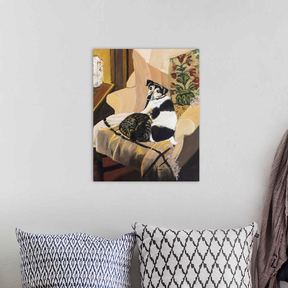 A bohemian room featuring Contemporary painting of a dog and a cat laying together on an armchair.